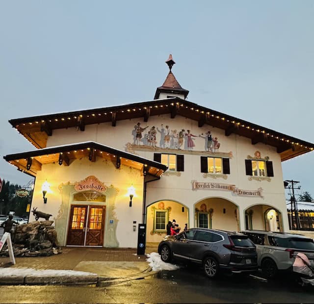 Festhalle displaying Bavarian-style alpine architecture in downtown Leavenworth, Washington