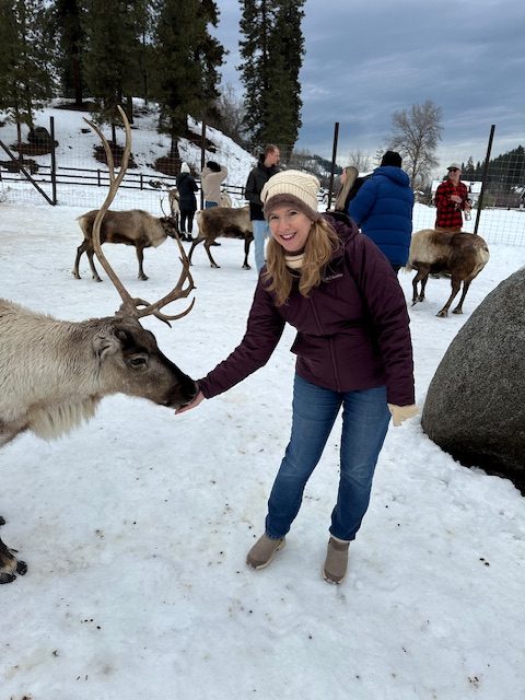 Woman feeding a reindeer at Leavenworth Reindeer Farm in Washington