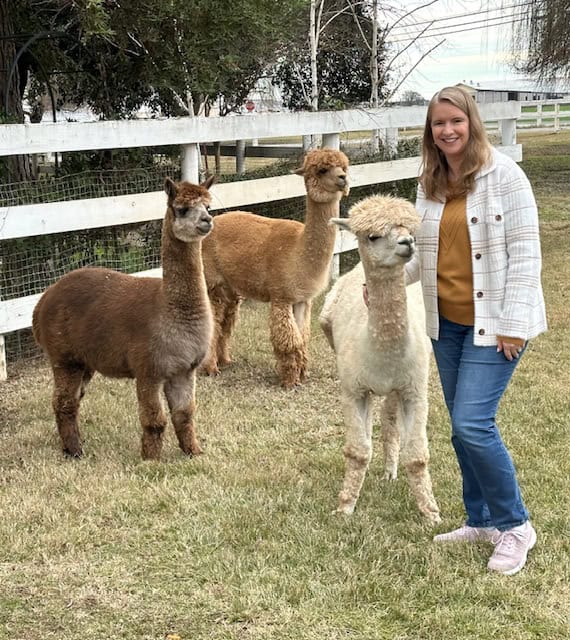Woman smiling because she is petting 3 Alpacas