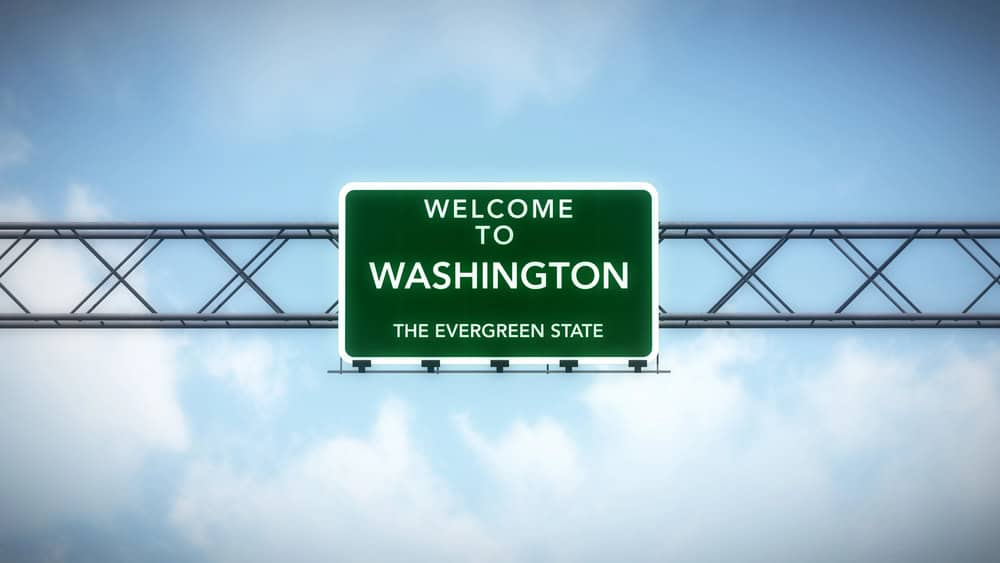 Welcome to Washington green roadside sign at the state border with green sky and the bridge sign in the background