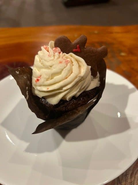 Chocolate peppermint cupcake topped with a mini gingerbread man from the Gingerbread Factory in Leavenworth, Washington