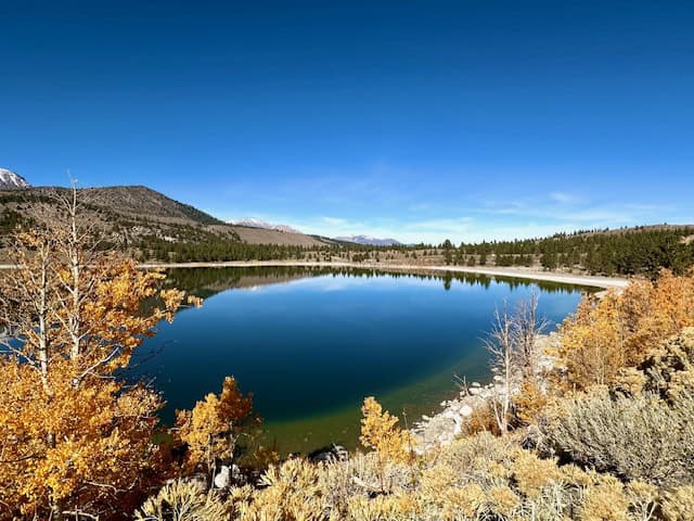 Scenic view of June Lake, California, surrounded by golden fall foliage and mountain peaks under a clear blue sky — a must-see stop for fall travelers exploring the Eastern Sierra