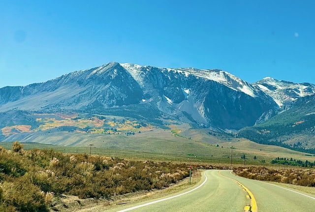 Scenic fall foliage along Highway 395 with snow-capped Sierra Nevada mountains under a clear blue sky in California’s Eastern Sierra region