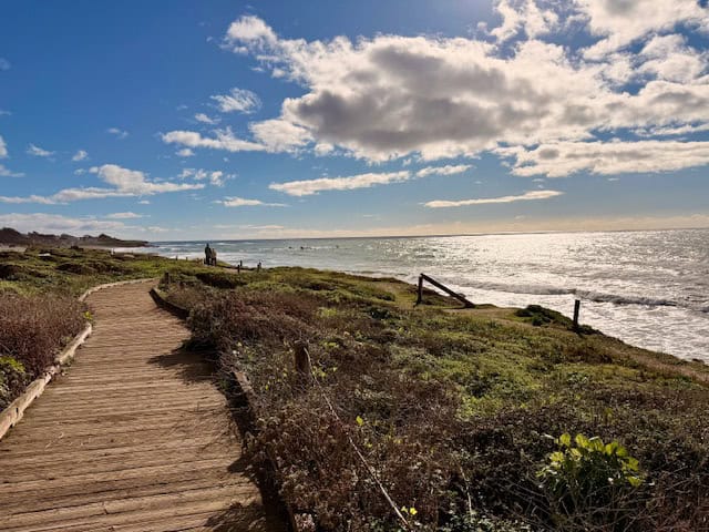 Wooden boardwalk winding along the coastline at Moonstone Beach, with ocean waves, coastal vegetation, and a bright sky filled with scattered clouds