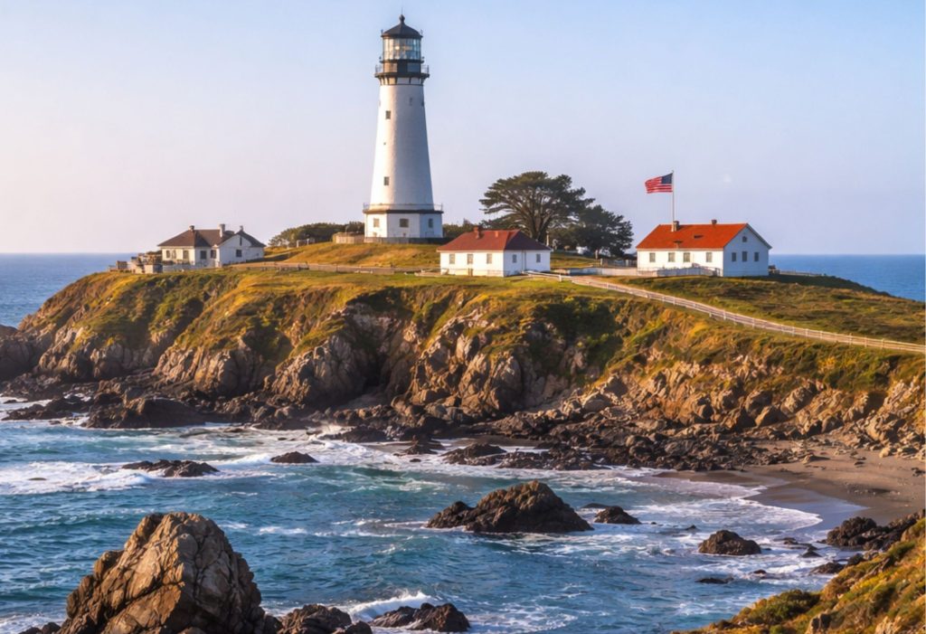 Piedras Blancas Light Station overlooking the Pacific Ocean near Cambria, California with rugged coastal cliffs and lighthouse buildings