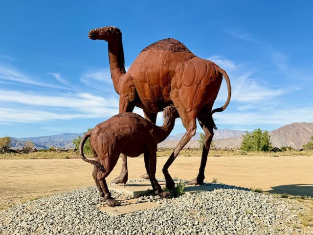 Metal camel and baby sculpture in Anza-Borrego Desert State Park at Galleta Meadows under a clear blue sky