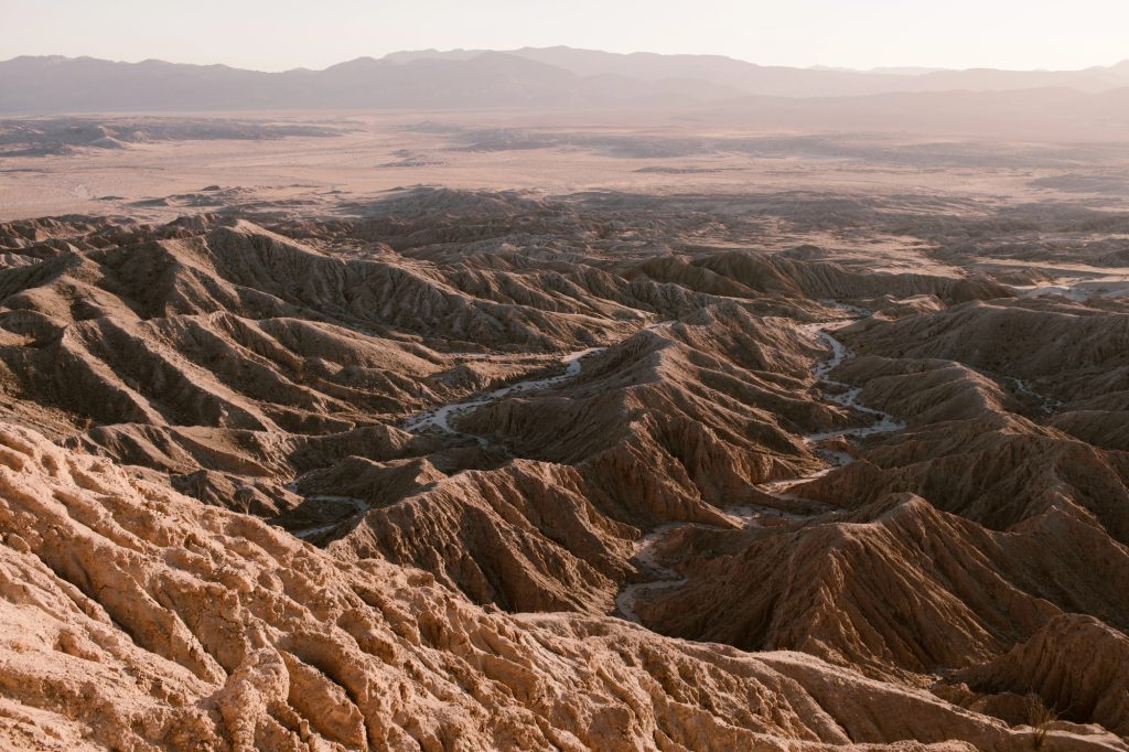 Panoramic view of Fonts Point badlands in Anza Borrego Desert State Park at sunset