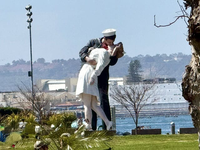 The Unconditional Surrender (Kissing Sailor) statue along San Diego's Embarcadero, a popular waterfront landmark featured in a 3-day San Diego itinerary