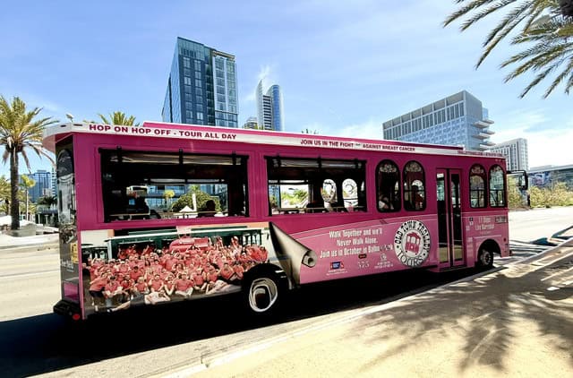 Old Town Trolley Tours hop-on hop-off trolley in downtown San Diego, a convenient way to explore top attractions during a 3 Day San Diego Itinerary