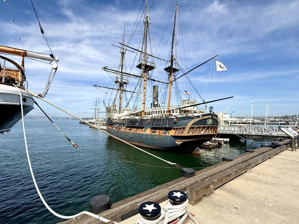The Star of India, the world's oldest active sailing ship, docked at the Maritime Museum of San Diego along the Embarcadero, featured in a 3 Day San Diego Itinerary.