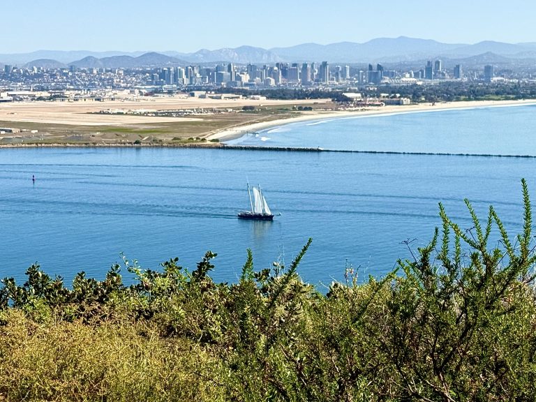 View of the San Diego skyline, sailboat, and San Diego Bay from Cabrillo National Monument on a San Diego 3 day itinerary