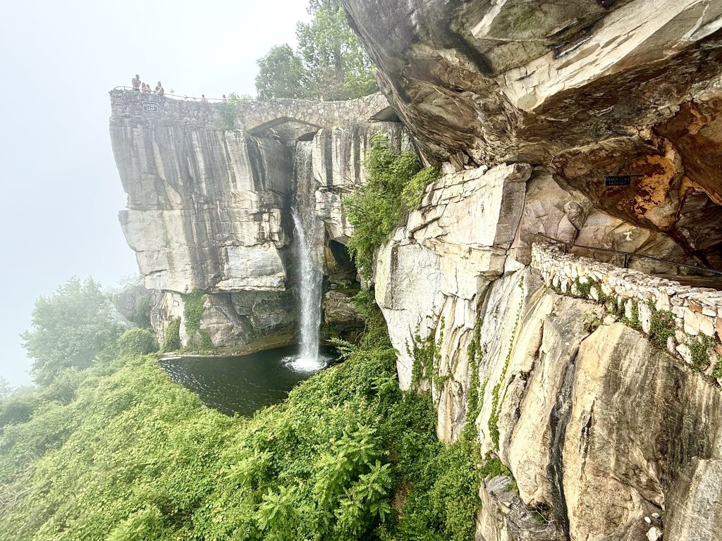 Lover's Leap waterfall and scenic overlook at Rock City near Chattanooga, Tennessee, with dramatic cliffs and lush greenery