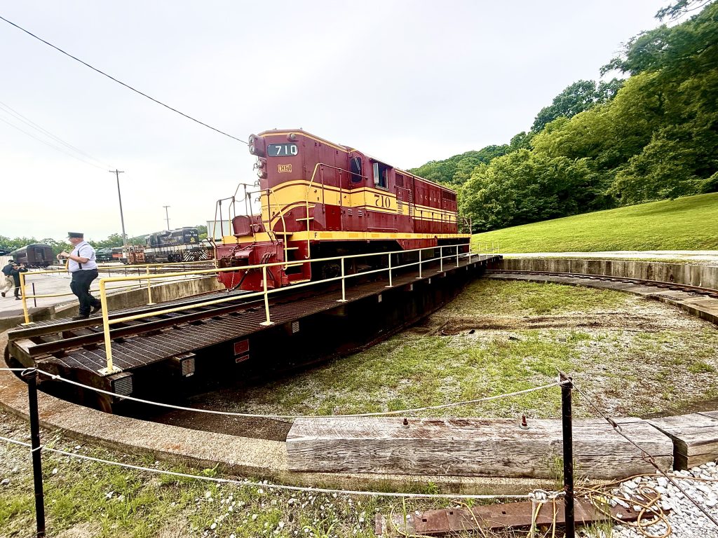 Historic diesel locomotive on the turntable at Tennessee Valley Railroad Museum in Chattanooga, Tennessee