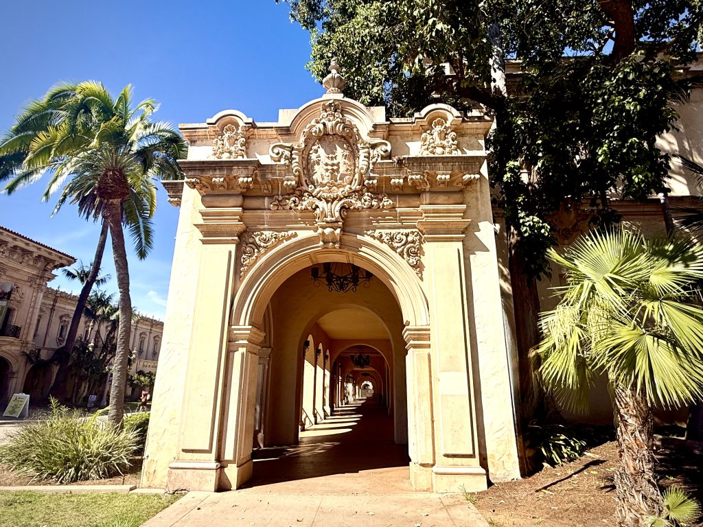 Ornate archway and palm trees at Balboa Park during a San Diego 3 day itinerary