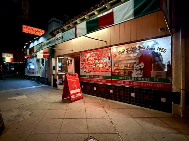 Filippi’s Pizza Grotto in San Diego’s Little Italy at night